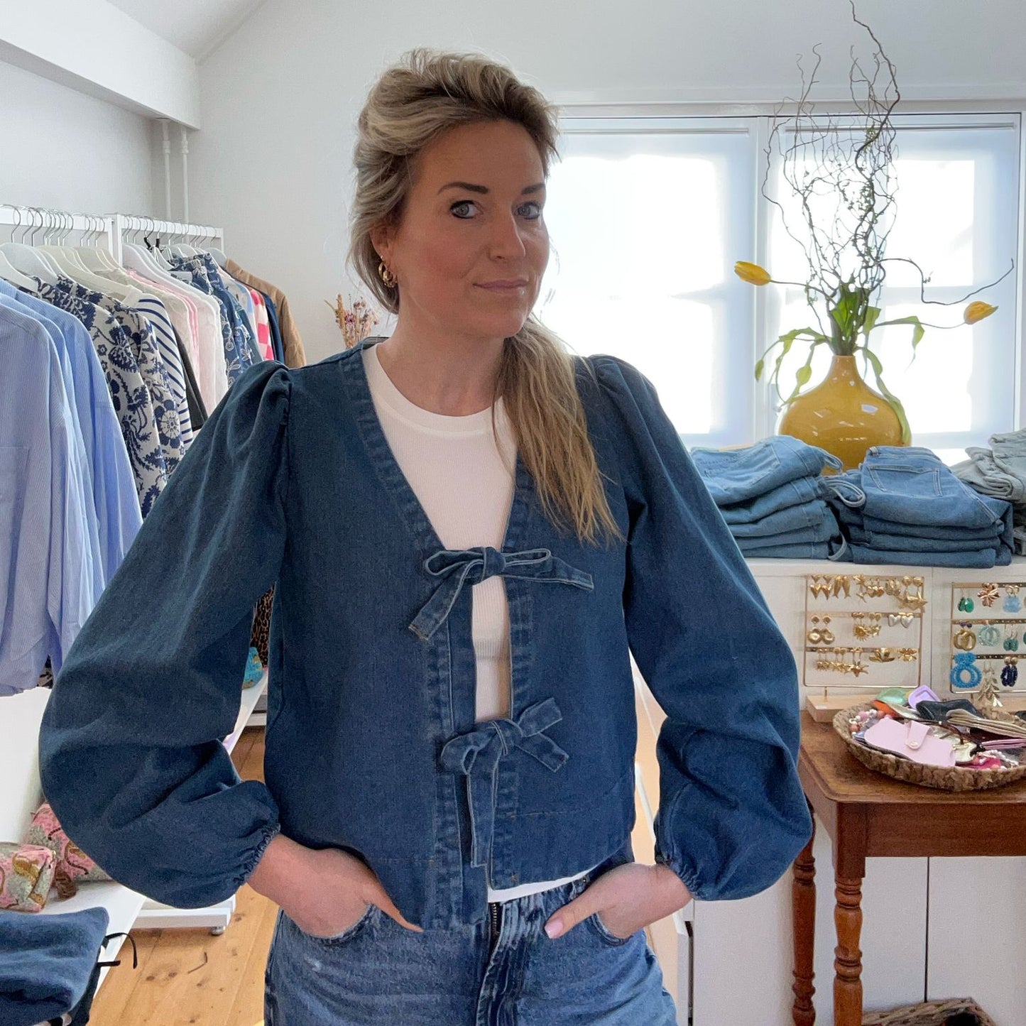 Denim Blouse met strikjes one size