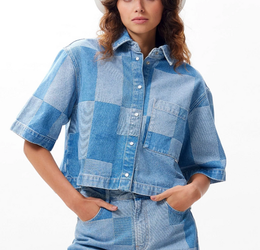 Denim blouse met patchwork